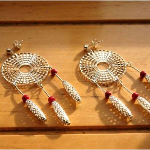 Handmade Funky Abstract Silver Plated Pink Fossil Stone Dreamcatcher Earrings - Picture 4 of 5